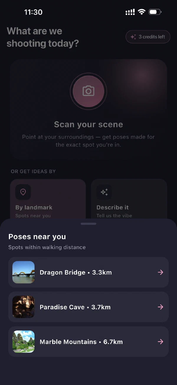 The SnapPose home screen asking what are we shooting today, with Scan your scene, By landmark and Describe it, above a list of nearby spots with distances