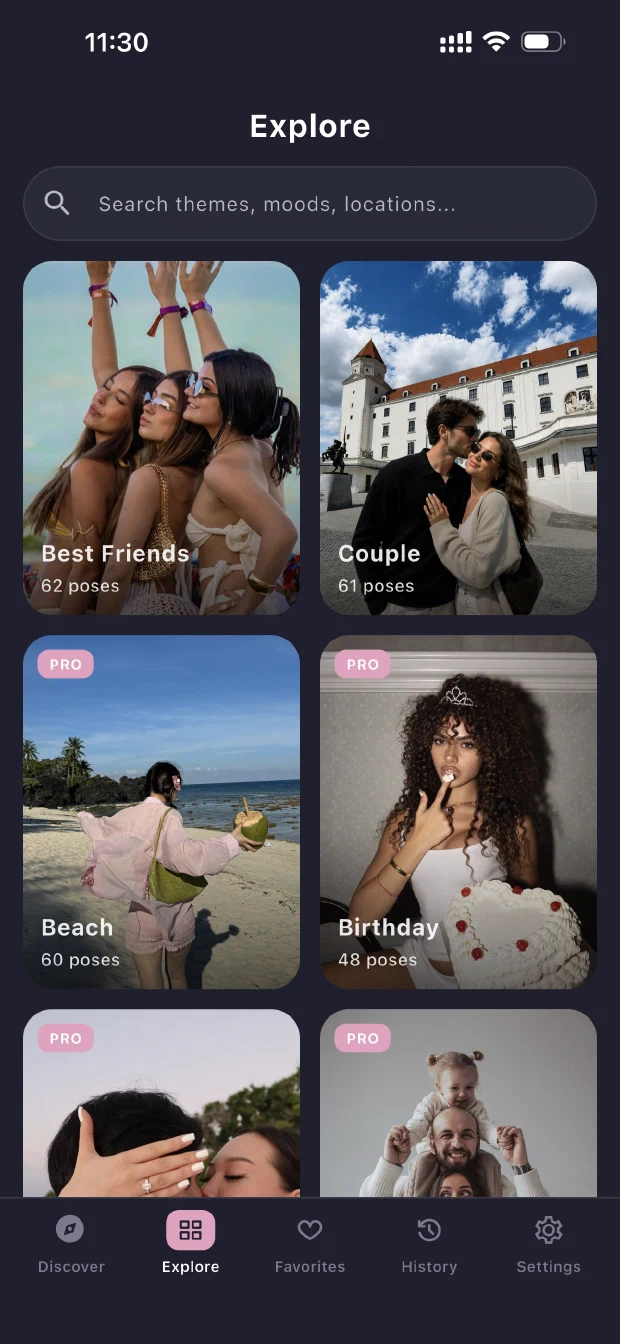 The SnapPose Explore screen: pose collections for Best Friends, Couple, Beach and Birthday, each card a photograph of real people posing